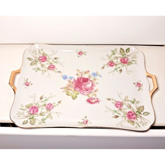 Cico Bavaria German Porcelain Serving Tray with Pink Roses circa 1940s - Picture 1 of 12